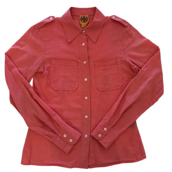Tory Burch Long Sleeve Button Down Barbie Pink Cotton Shirt (Size 2) - Picture 1 of 4